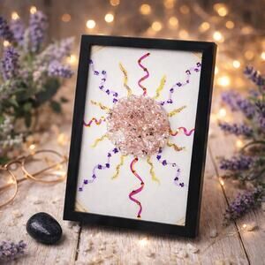 Handmade Pink Crystal Sunburst Wall Art Texture Assemblage Mixed Media Decor 6x4